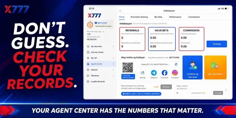 X777 Agent Center showing referral valid bets and commission records