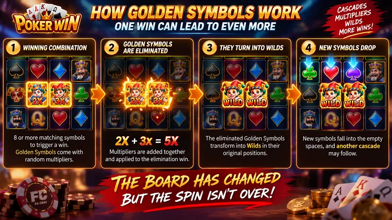 Poker Win Golden Symbols combining multipliers, turning into Wilds and continuing the cascade