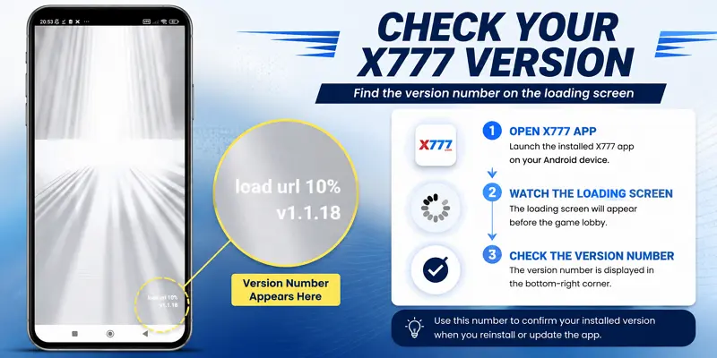 X777 APK loading screen showing version v1.1.18