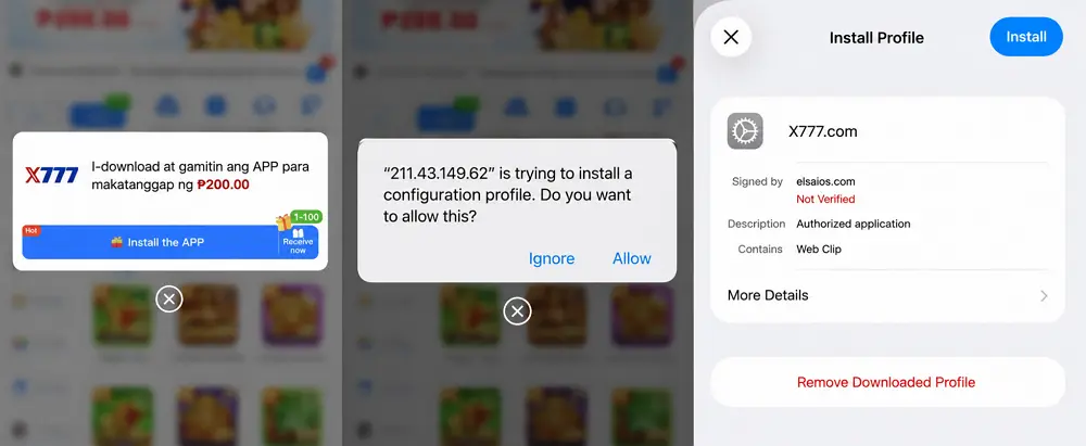 X777 iPhone app showing profile download and Web Clip installation