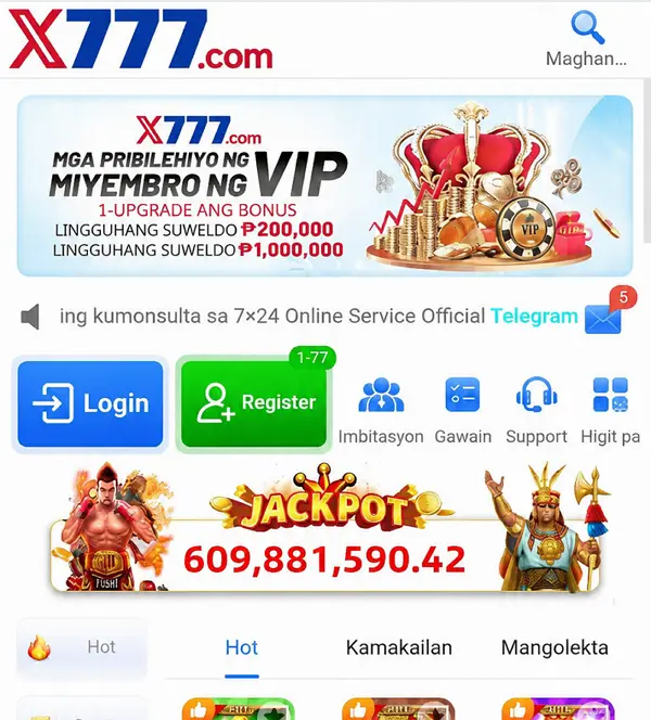 X777 App mobile lobby with Login and Register options